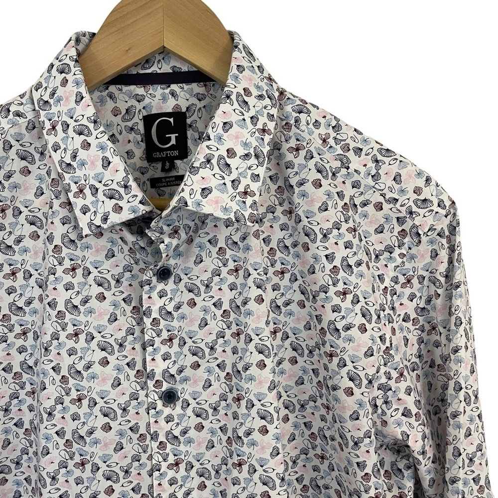 Grafton Seashell Print Button Down Shirt Mens L White Multicolour Slim Fit EUC